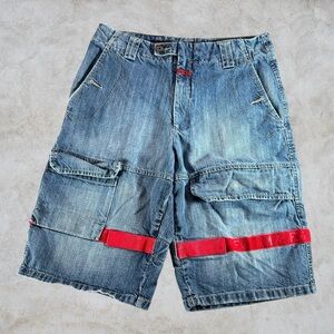 Marithe Francois Girbaud Jean Shorts Mens 33 Blue Shuttle tape Strap Y2K Baggy